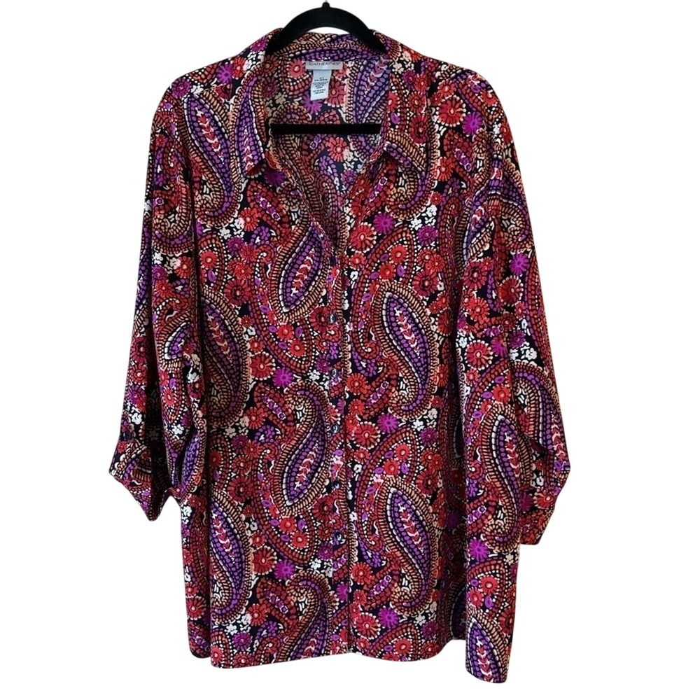 Catherines Womens 3X Paisley‎ Blouse Front Button Office Career Stretch Mature